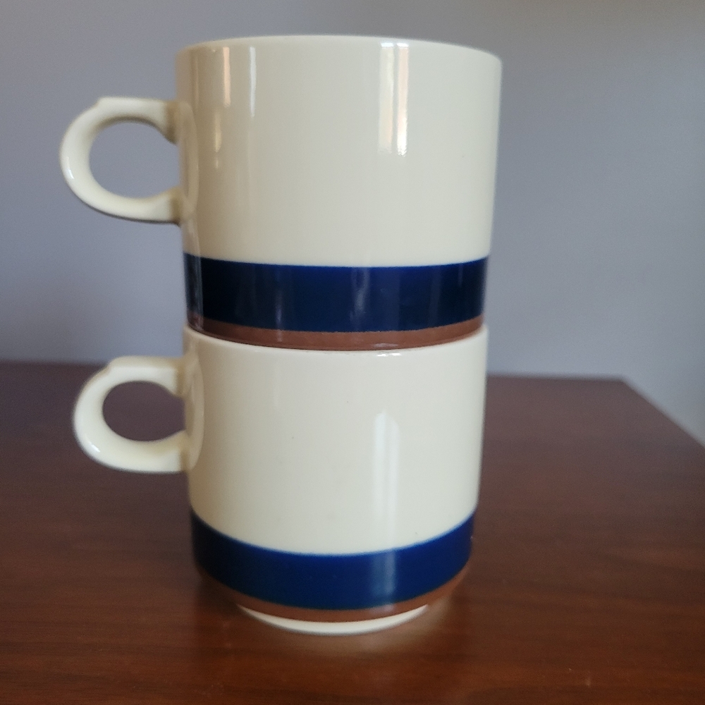 International Stoneware Stackable Mugs blue & brown striping vintage